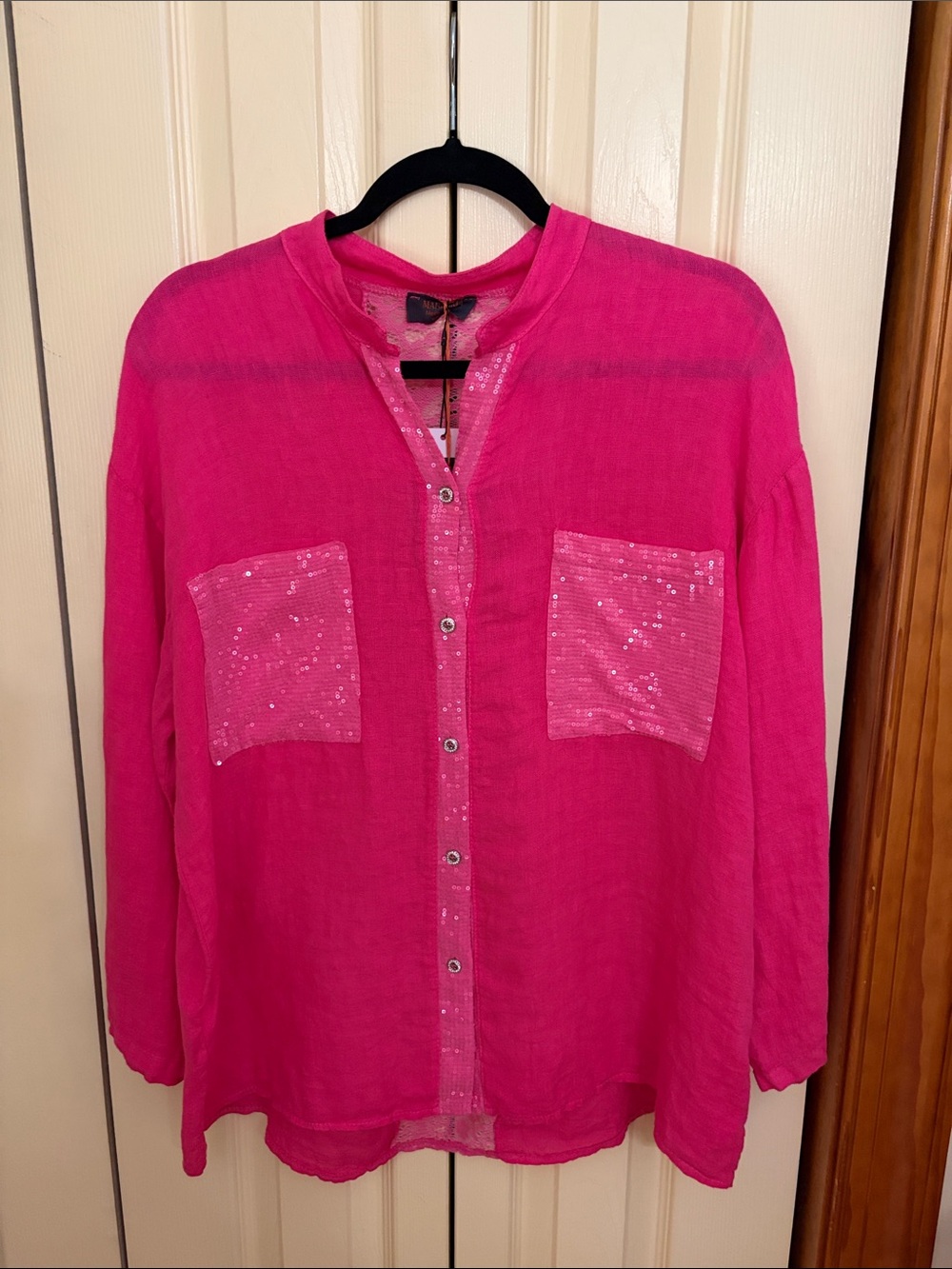 Girls' Sequin Pocket Button-Down Top in Hot Pink